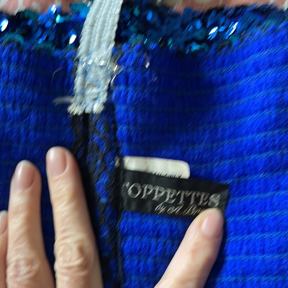 🫶🏼BLUE&SILVER 🎽ELASTIC STRETCHY SEQUINS CROP TOP BY TOPPETTES 50-60’s ATTIRE - Picture 7 of 8